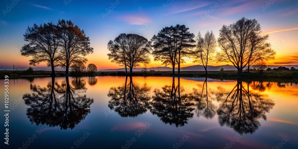 Serene Silhouette of Trees Reflected on a Calm River at Dusk Serene Silhouette of Trees Reflected on a Calm River at Dusk