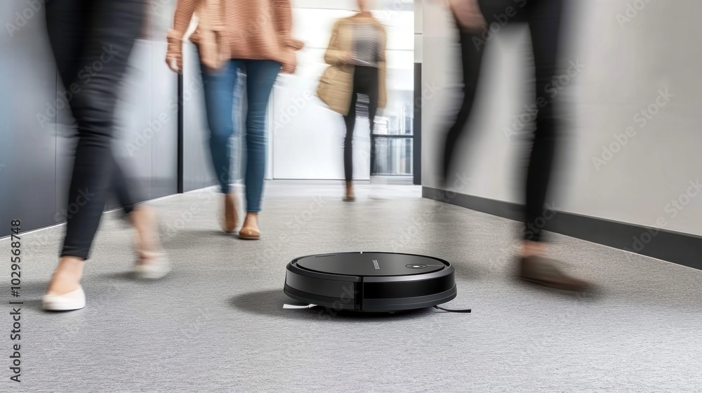 Fototapeta premium Robot Vacuum Cleaner in Motion Blurred Hallway