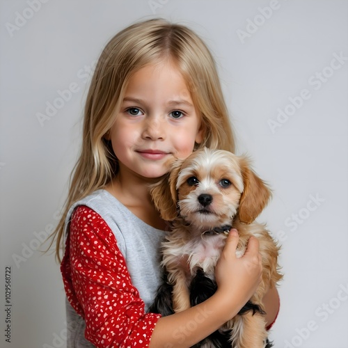 little blond girl with a puppy, white background photo