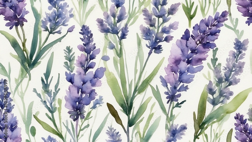 Obraz premium Watercolor pattern of lavender flowers with green leaves on a soft background
