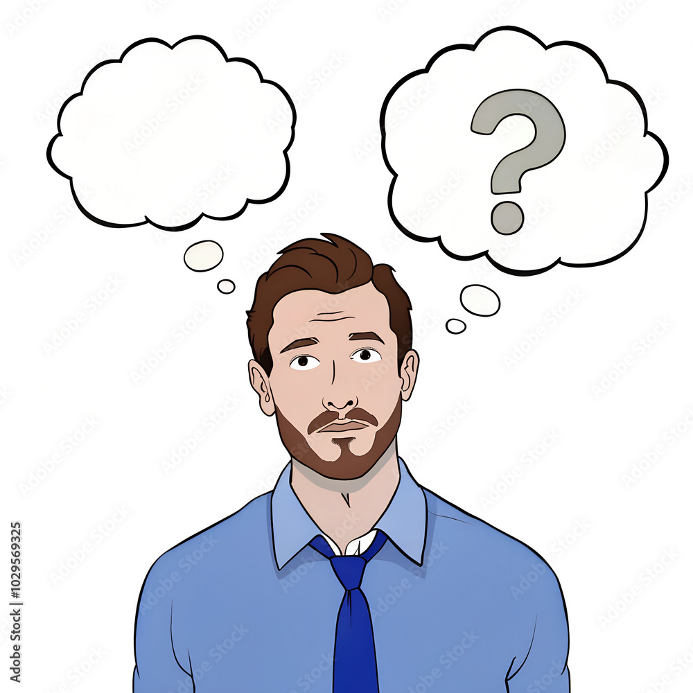 Puzzled young man in blue shirt with question mark and empty thought bubbles, digital illustration, copy space
Puzzled young man in blue shirt with question mark and empty thought bubbles, digital illustration, copy space