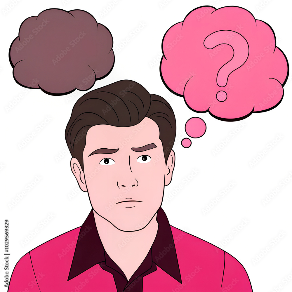 Confused young man in pink shirt thinking with graphic thought bubbles, digital illustration, copy space
Confused young man in pink shirt thinking with graphic thought bubbles, digital illustration, copy space