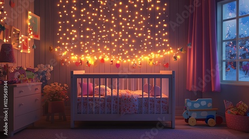 A cozy baby nursery with gentle lighting, a crib, and playful decor, creating a warm and inviting atmosphere for infants. photo