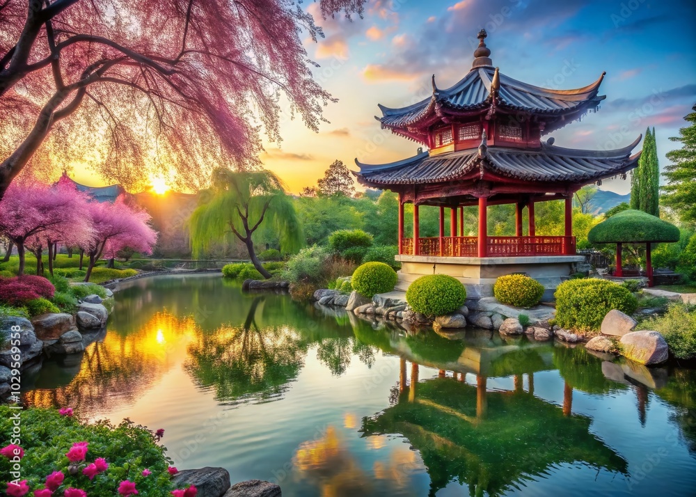 Serene Urban Backyard Chinese Garden with Tranquil Pond and Lush Foliage Serene Urban Backyard Chinese Garden with Tranquil Pond and Lush Foliage
