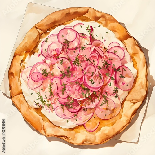 Top View of Delicious French Tarte Flambee with Thin Crust, Radishes, and Herbs. photo