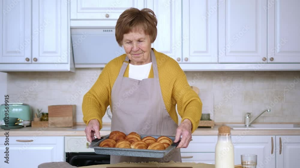 Grandmother in kitchen takes baking tray out oven. Hot baking tray with fragrant pastries exudes warmth and coziness. Experienced hands carefully hold baking tray, demonstrating mastery home cooking. Grandmother in kitchen takes baking tray out oven. Hot baking tray with fragrant pastries exudes warmth and coziness. Experienced hands carefully hold baking tray, demonstrating mastery home cooking.
