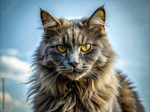 Shaggy Angry Gray Fluffy Cat on Light Background - Minimalist Photography