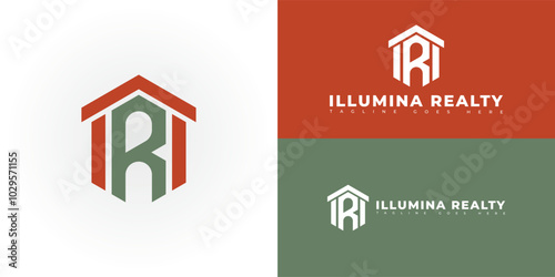Modern hexagon initial vector letter IR or RI logo in green-red color isolated on multiple background colors. The logo is suitable for real estate company logo design inspiration templates.