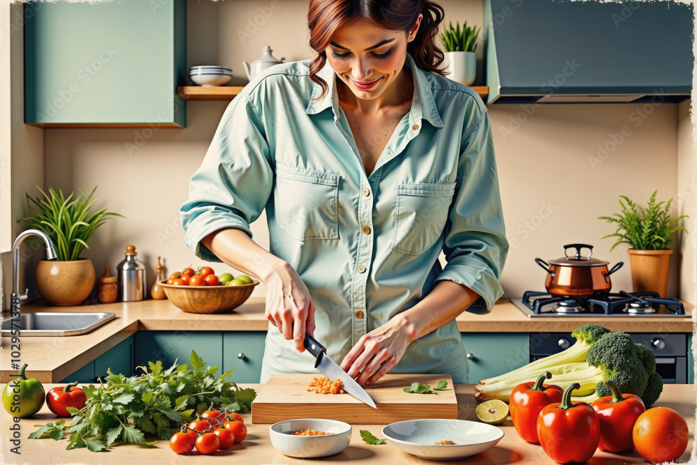 Young woman cutting vegetables on kitchen counter is cooking healthy meal Young woman cutting vegetables on kitchen counter is cooking healthy meal