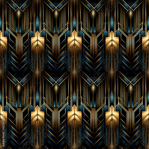 Art Deco geometry, metallic sheen, elegant light, 1920s style, luxurious mood, sharp lines. Seamless pattern, background.