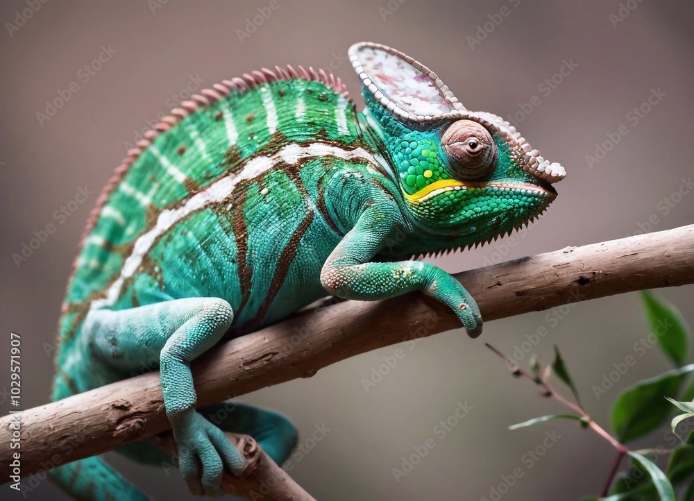 A green chameleon on a branch. Reptiles. The world of animals. A green chameleon on a branch. Reptiles. The world of animals.