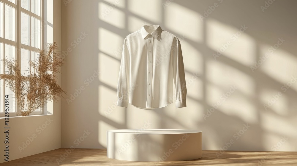 A sleek white shirt suspended in a sunlit room, showcasing soft shadows and contemporary decor. Perfect for fashion branding visuals. A sleek white shirt suspended in a sunlit room, showcasing soft shadows and contemporary decor. Perfect for fashion branding visuals.