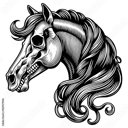 Artistic depiction of a horse skull with flowing mane. Generative ai. photo