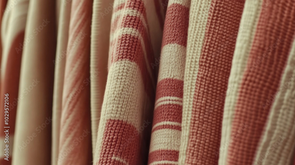 A close-up view of various red and beige knitted fabrics, highlighting textures and patterns. A close-up view of various red and beige knitted fabrics, highlighting textures and patterns.