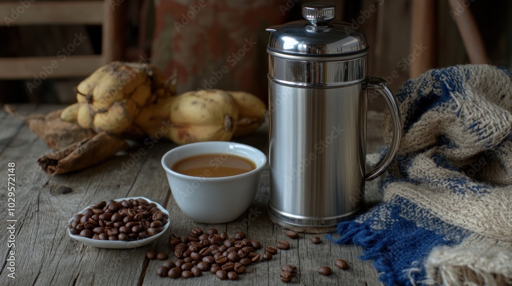 Still Life of Coffee Beans, Coffee Pot, and Coffee Cup