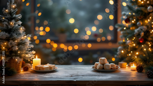 Cozy Christmas Eve: Festive treats and twinkling lights create a magical scene on a rustic wooden table, perfect for holiday greetings or winter wonderland themes. 