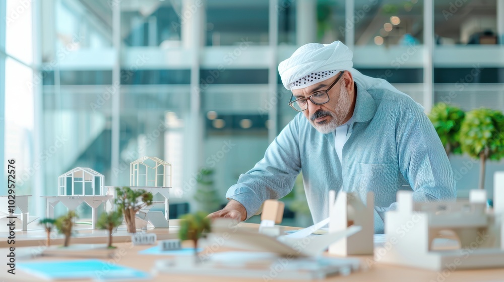 Architectural model presentation in a modern office setting, focusing on urban planning, design, and innovation by a professional. Architectural model presentation in a modern office setting, focusing on urban planning, design, and innovation by a professional.
