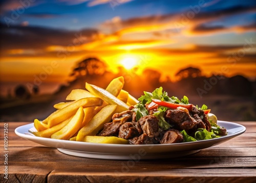 Silhouette of Chorrillana Hearty French Fries with Beef and Sautéed Onions for Culinary Delights photo