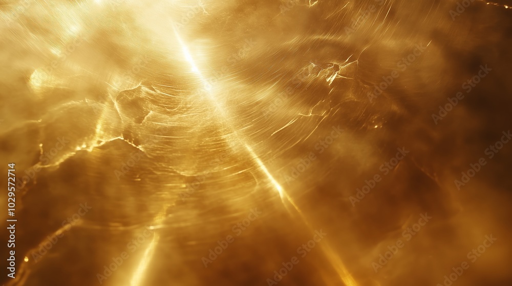 A majestic display of golden light rays piercing through misty air in an ethereal landscape at dawn A majestic display of golden light rays piercing through misty air in an ethereal landscape at dawn