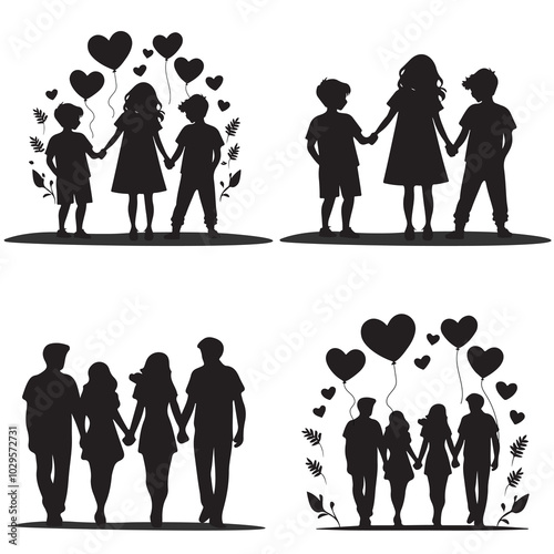 Symbolic Silhouette of Friendship and Love with Heart Balloons
