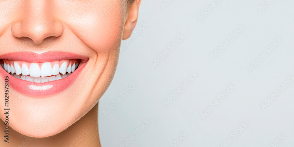 Close-up of a smiling womans teeth with white background, perfect for dental or oral care promotions. Ideal for use in healthcare, beauty, and wellness industries. Represents healthy lifestyle Close-up of a smiling womans teeth with white background, perfect for dental or oral care promotions. Ideal for use in healthcare, beauty, and wellness industries. Represents healthy lifestyle