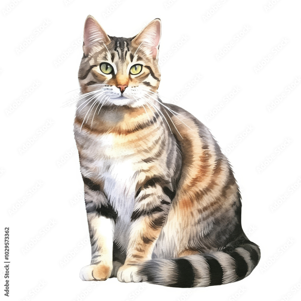 Realistic Illustration of a Cute Tabby Cat with Green Eyes on White Background - Ideal for Pet Lovers and Animal-Themed Designs Realistic Illustration of a Cute Tabby Cat with Green Eyes on White Background - Ideal for Pet Lovers and Animal-Themed Designs