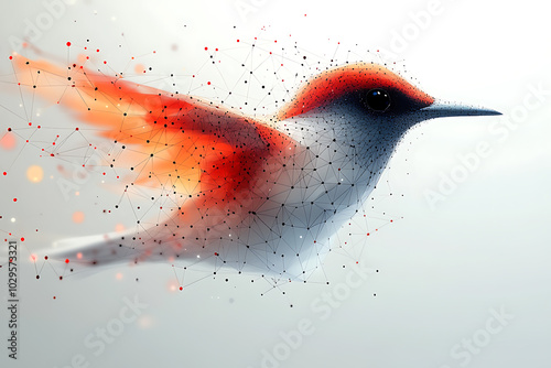 A vibrant abstract bird illustration made of geometric particles and lines, creating a futuristic and artistic digital effect.
 photo