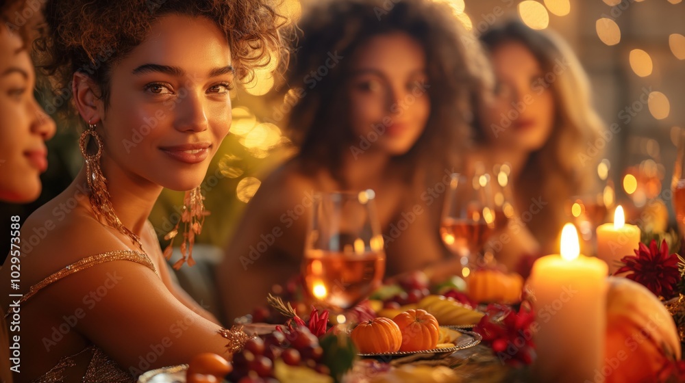 Elegant Thanksgiving celebration with diverse women enjoying dinner by candlelight, surrounded by autumn harvest decor, for lifestyle blogs, festive promotional advertisements and holiday backgrounds Elegant Thanksgiving celebration with diverse women enjoying dinner by candlelight, surrounded by autumn harvest decor, for lifestyle blogs, festive promotional advertisements and holiday backgrounds