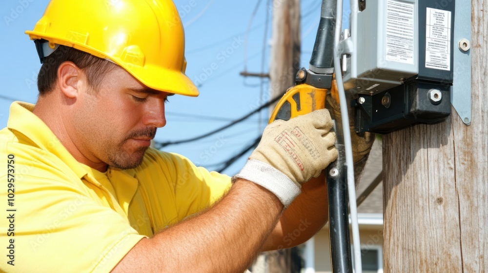 Electrician Working on Utility Pole with Tools Electrician Working on Utility Pole with Tools