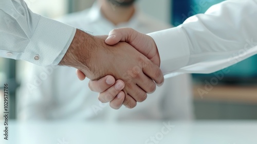 Close-up of a handshake between two individuals in formal attire, symbolizing partnership, agreement, and business collaboration.