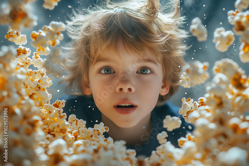 Boy is looking up in wonder and amazement as popcorn floats all around him. Little boy getting lost in a world of popcorn.
