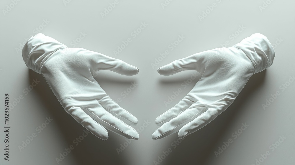 Two graceful white gloved hands reaching out, on a soft neutral background, suggesting care and elegance. Ideal for branding or design references. Two graceful white gloved hands reaching out, on a soft neutral background, suggesting care and elegance. Ideal for branding or design references.