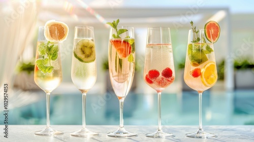 Colorful sparkling cocktails by the poolside, garnished with fresh fruit and mint, capturing a refreshing summer vibe in elegant glassware.