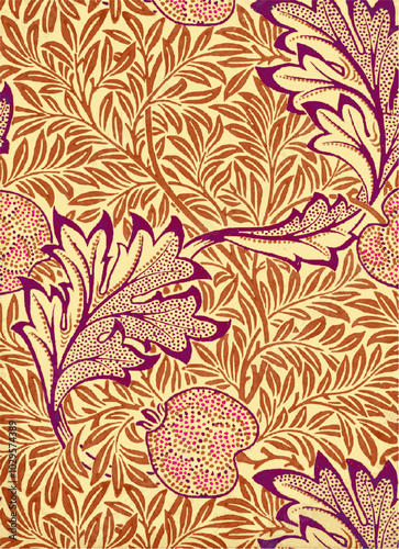 Close-up of a vintage floral pattern fabric with a warm color scheme and pink & purple details