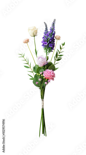 Elegant bouquet of assorted flowers including roses, lilies, and carnations, arranged beautifully with lush green leaves on a transparent background.