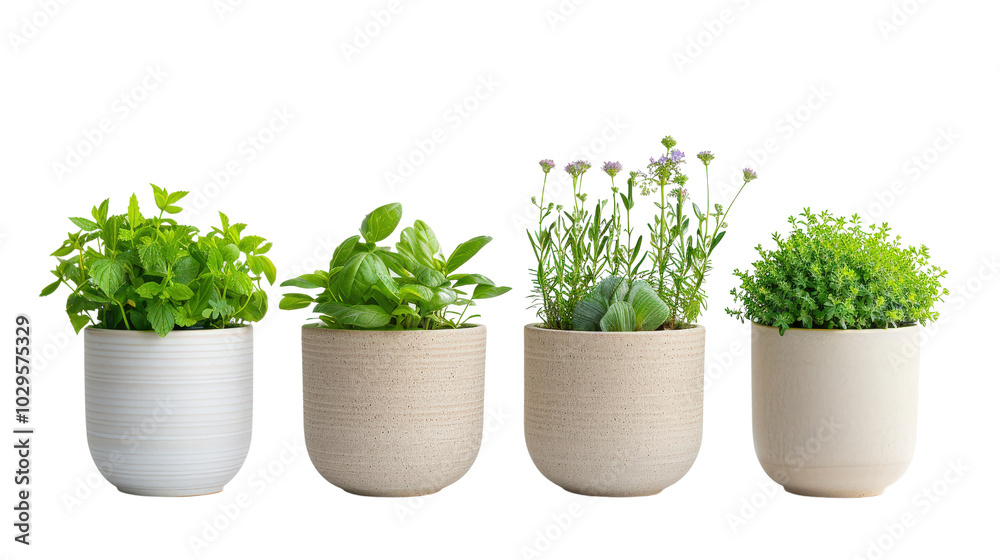 Four potted herbs in minimalist pots, showcasing various shades of green. Perfect for home decor, gardening ideas, or plant enthusiasts. Four potted herbs in minimalist pots, showcasing various shades of green. Perfect for home decor, gardening ideas, or plant enthusiasts.