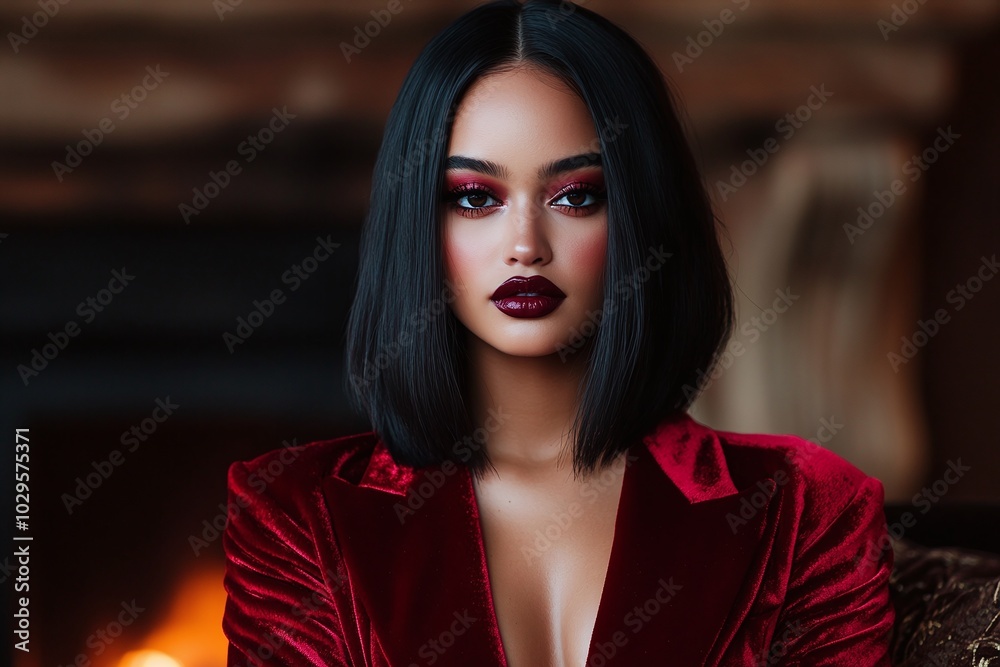 Dark-haired woman in red velvet outfit, bold makeup with deep lipstick, dramatic lighting, high-fashion editorial style, glamorous indoor portrait, confident look, luxury fashion, elegant style.

