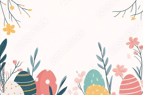 Website header, Easter promo, colorful eggs and flowers, room for text, flat design illustration