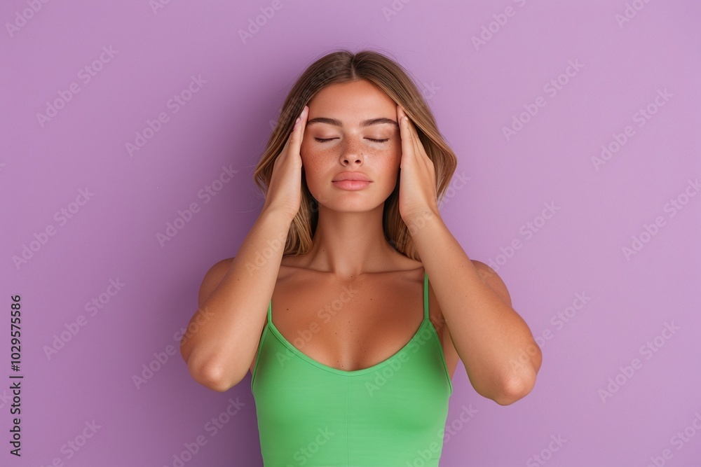 Obraz premium Relaxed woman with hands on temples, green dress, posing against purple background, meditation and mindfulness concept, minimalistic fashion portrait, isolated, space for text.
