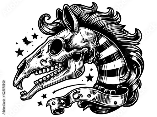 Artistic depiction of a horse skull with flowing mane. Generative ai.