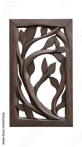 Intricate wooden carving of leaves and vines, showcasing skilled craftsmanship and elegant design in a rectangular frame, perfect for decor. photo