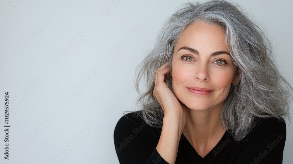 Mature woman with gray hair smiling, casual pose, minimalistic portrait on light background, healthy aging, confident look, graceful beauty, elegant senior woman, soft lighting.