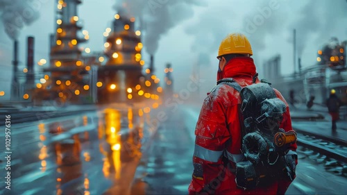 Engineer in orange uniform and safety helmet on the background of a refinery