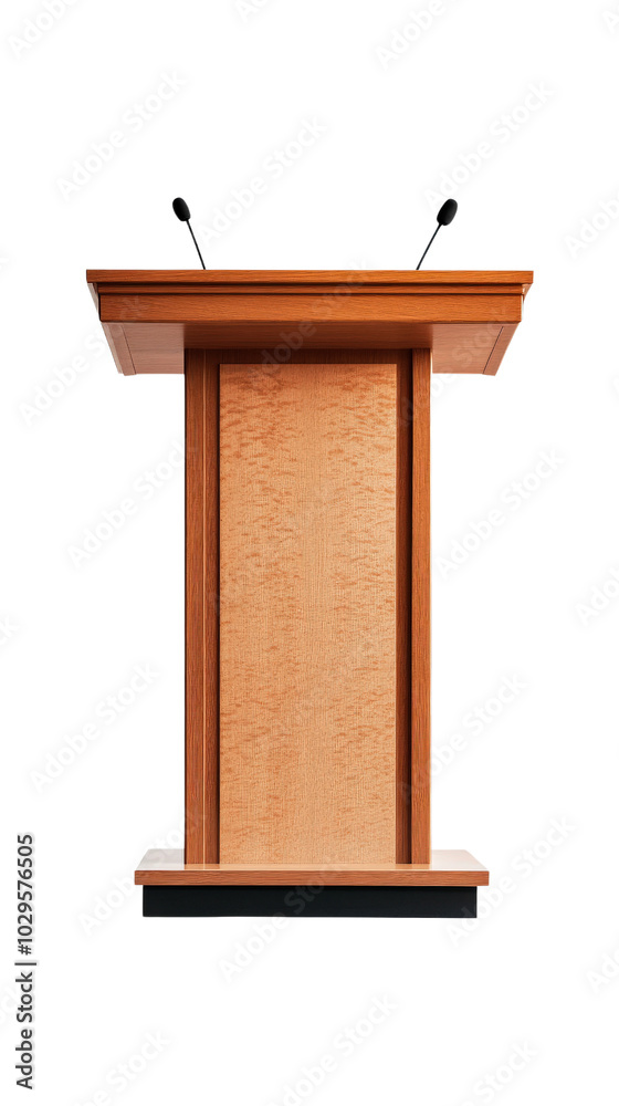 Wooden podium with two microphones, ideal for speeches, lectures, and presentations against a transparent background. Wooden podium with two microphones, ideal for speeches, lectures, and presentations against a transparent background.