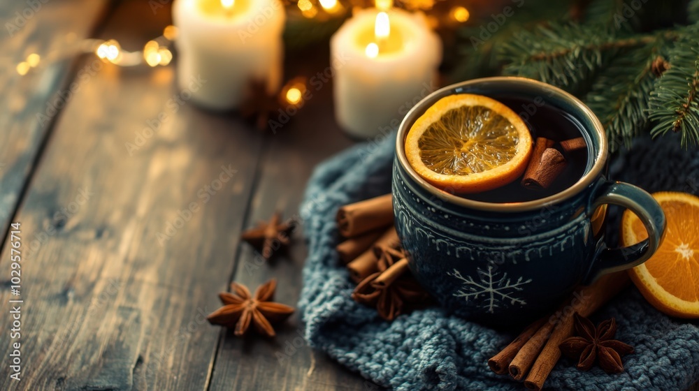 Cozy hot beverage with orange slice and cinnamon in handcrafted winter mug by candlelight Cozy hot beverage with orange slice and cinnamon in handcrafted winter mug by candlelight