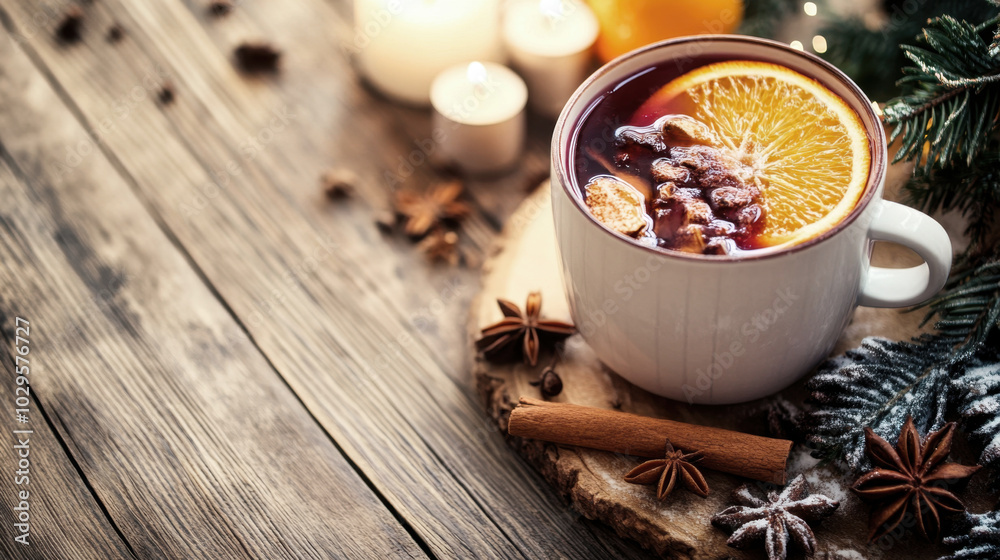 Handcrafted christmas warmth hot mulled wine with spices and orange slice on rustic wooden table Handcrafted christmas warmth hot mulled wine with spices and orange slice on rustic wooden table