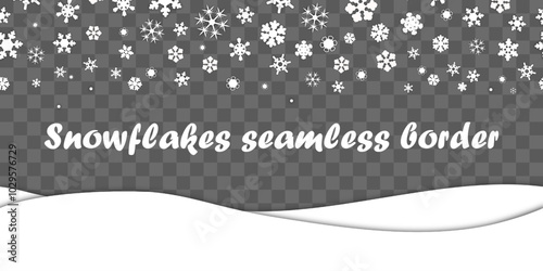 snow seamless border. A lot of different snowflakes randomly fall from above and snowdrifts below. isolated on a checkered background. element for background, cards, greetings, header for the website