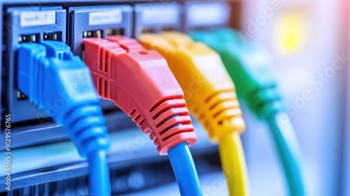 Close-up of Multicolored Network Cables Plugged into a Server