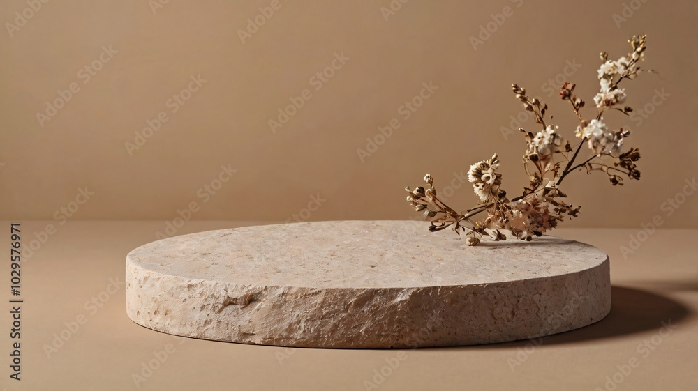 Abstract nature scene Stone podium composition and dry flower on beige brown background for cosmetic, beauty product branding, perfume, skin care and cosmetic backdrop. Copy space, front view