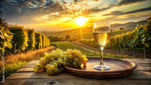 Sparkling Drink and Fresh Grapes in Vineyard at Sunset - Serene Landscape Photography